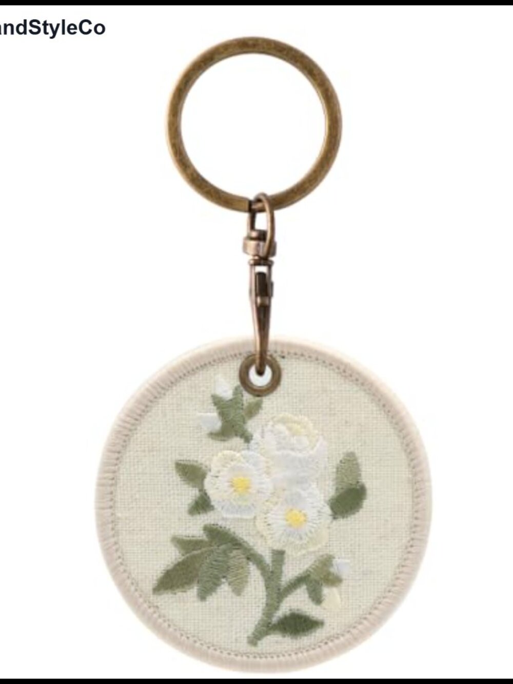 Embroidered Floral Keychain Round Linen Bag Charm